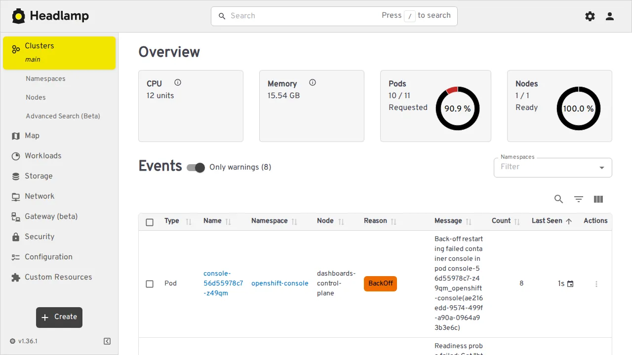 Headlamp dashboard after authentication